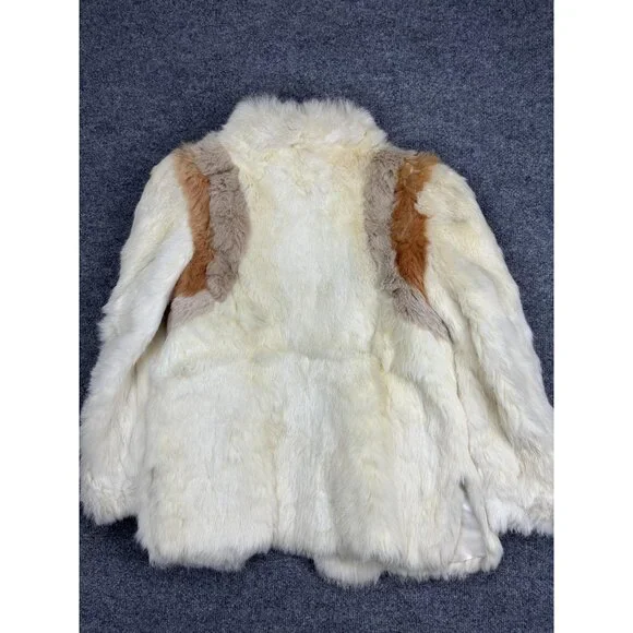 Vintage Fur Coat Womens Medium White Tan Brown Hook Eye Mid Length Overcoat - Picture 8 of 10